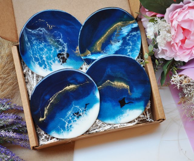 Set of 4 handmade Ocean Resin Art Coasters Housewarming gift