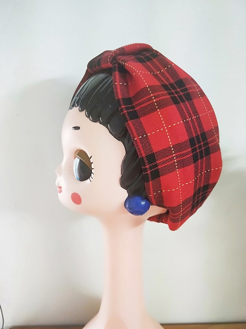Flat bow headband-wide version-winter style red plaid - ที่คาดผม - ผ้าฝ้าย/ผ้าลินิน สีแดง