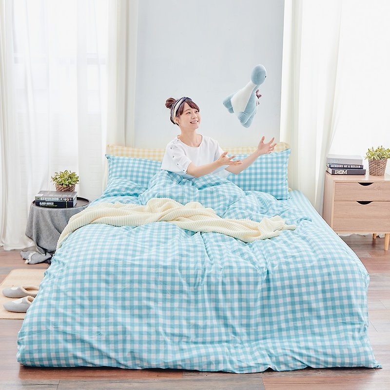 Bed cover set-double / combed cotton four-piece / summer soda made in Taiwan - เครื่องนอน - ผ้าฝ้าย/ผ้าลินิน สีน้ำเงิน