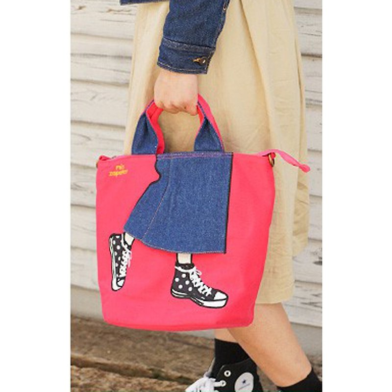 Playful canvas shoes denim skirt girl 3way bag - กระเป๋าแมสเซนเจอร์ - งานปัก หลากหลายสี