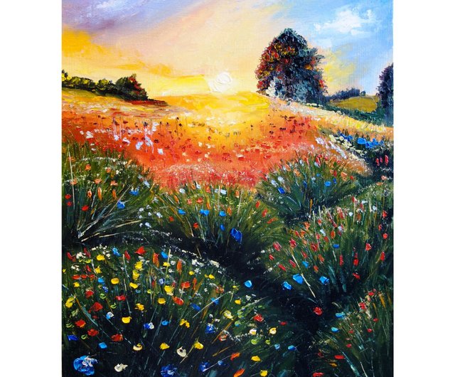 カスタム油絵制作・手描き肖像画・風景画 牧草地の絵画油ワイルドフラワーオリジナルアート油畫原作風景画