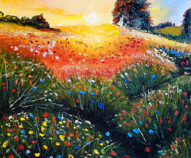 牧草地の絵画油ワイルドフラワーオリジナルアート油畫原作風景画