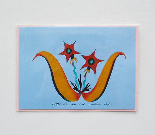 Daphne H.C. Shen 英式手繪卡片 藍底簡單 星星花朵橘黃色葉子卡片 明信片