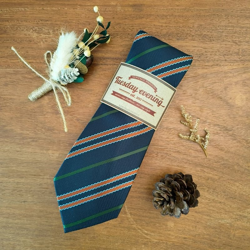 Necktie Navy with Double Orange and Green Stripe | 8cm - 領帶/領帶夾 - 聚酯纖維 藍色