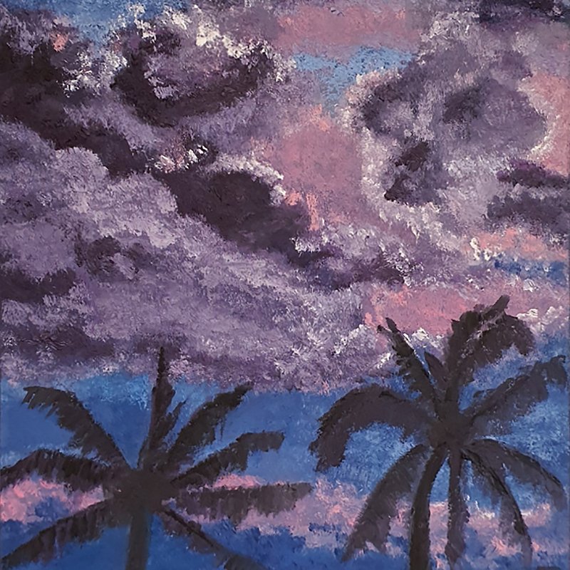 Palm Trees Painting Sky Clouds Original Art Thailand Wall Art Phuket Artwork Art - 掛牆畫/海報 - 其他材質 紫色