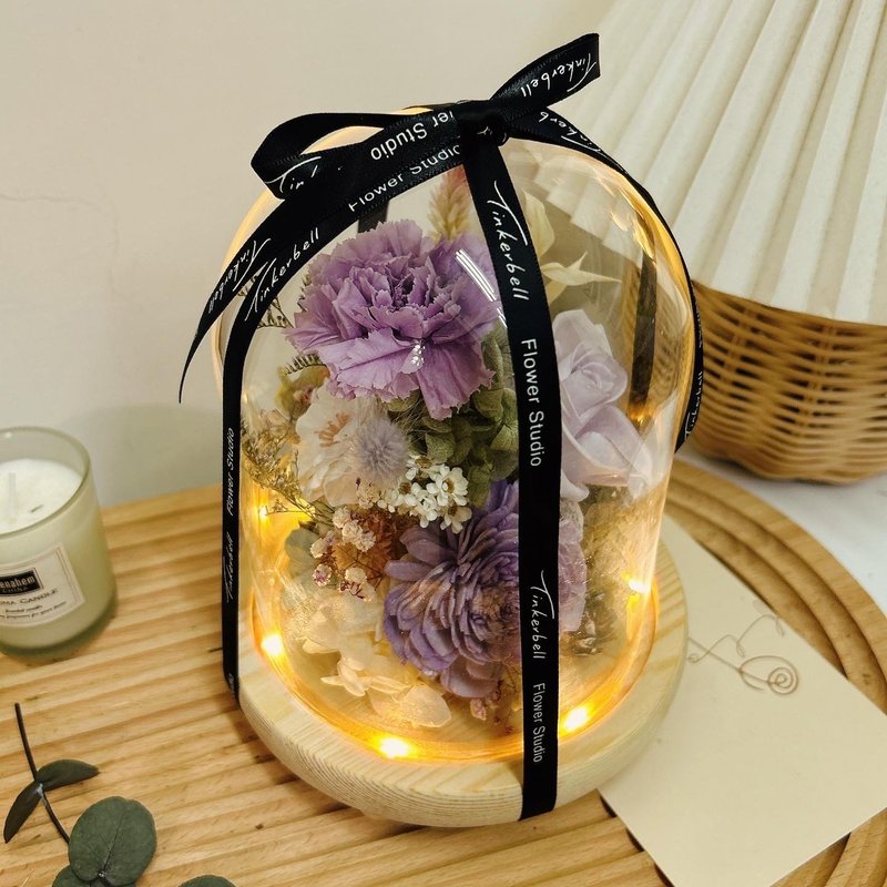 Quiet Purple Glass Flower Cup Night Light Preserved Flowers Dried Flowers Holiday Gift Decoration with Small Gift Box - ช่อดอกไม้แห้ง - พืช/ดอกไม้ สีม่วง