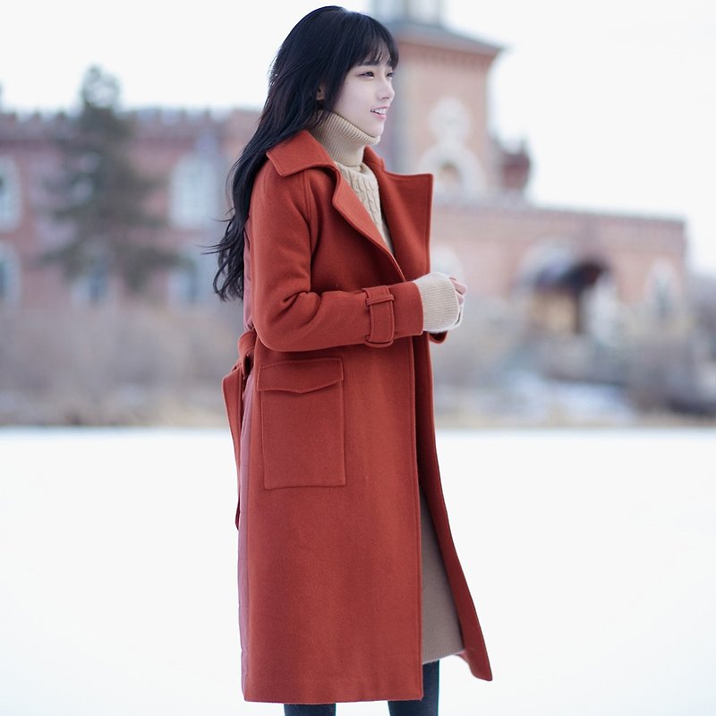 冬裝韓版後片拼接腰帶長款呢外套 7ND937T - 女大衣/外套 - 其他材質 紅色