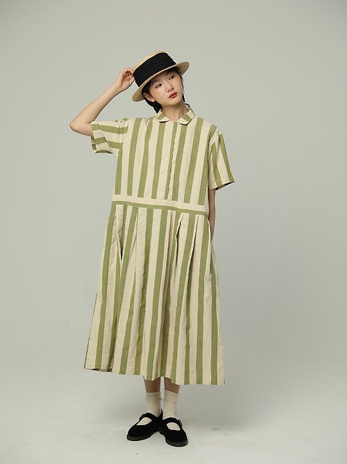 豆屋製 衣 法式度假風 清新條紋寬鬆亞麻洋裝