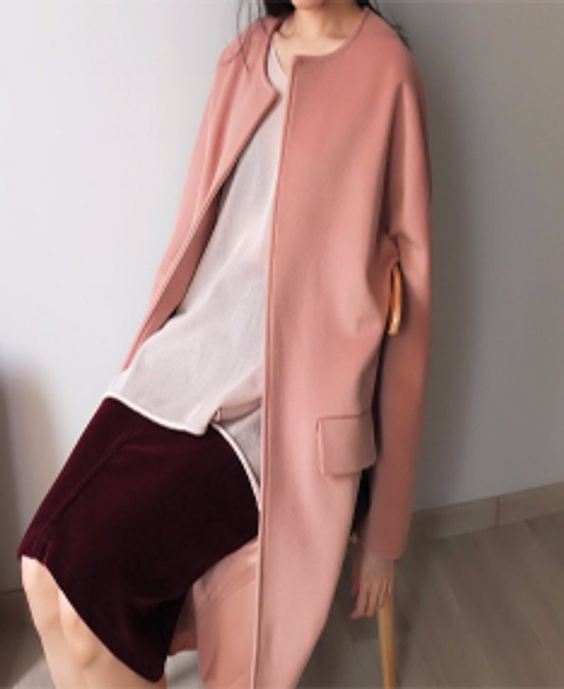 Rose brown collarless retro wool coat (color saturation exhibits clearing XS size than the figure) - เสื้อแจ็คเก็ต - ขนแกะ 