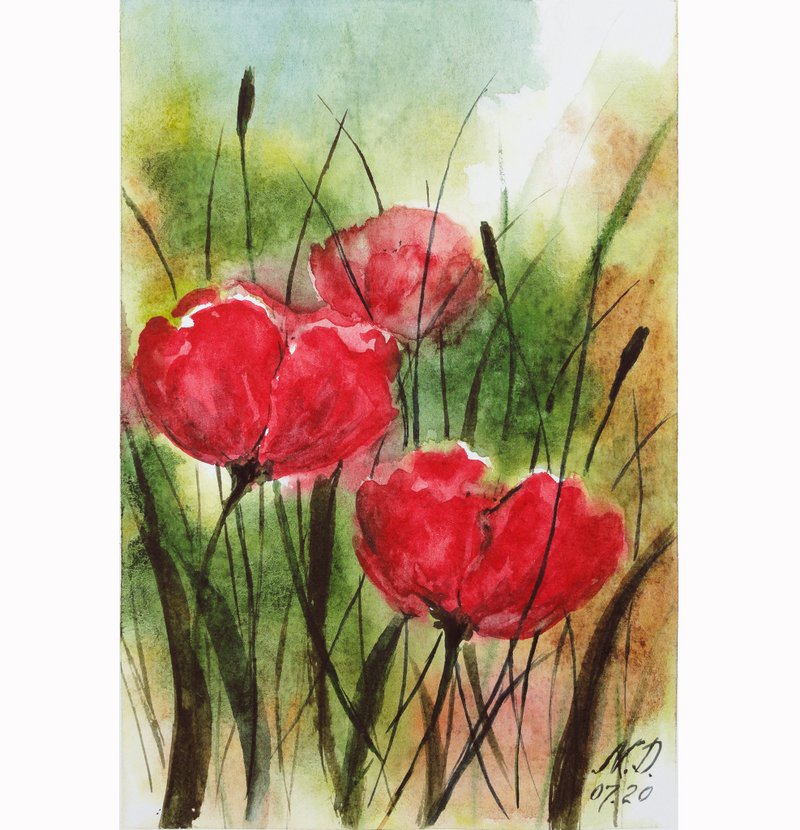 Red Poppy Painting Floral Original Art Flowers Watercolor Painting Floral Art - 海報/掛畫/掛布 - 紙 多色