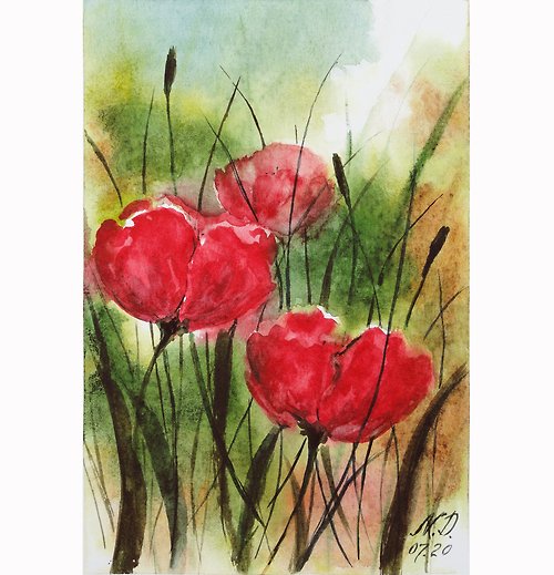 娜塔杜阿特 Red Poppy Painting Floral Original Art Flowers Watercolor Painting Floral Art