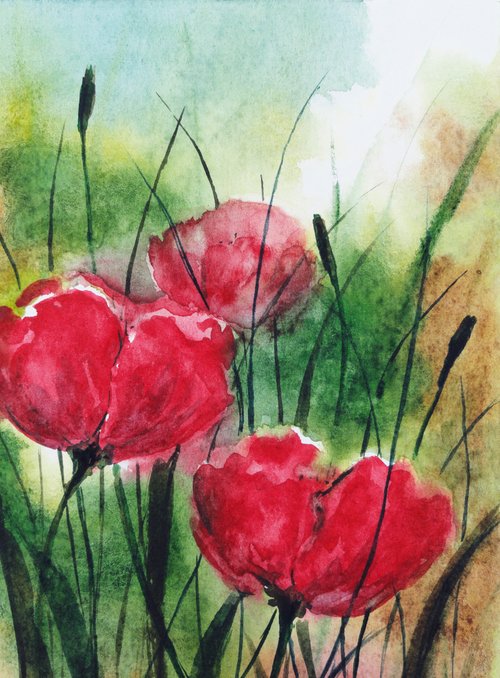 赤いポピー絵画花のオリジナルアート花水彩画花のアート
