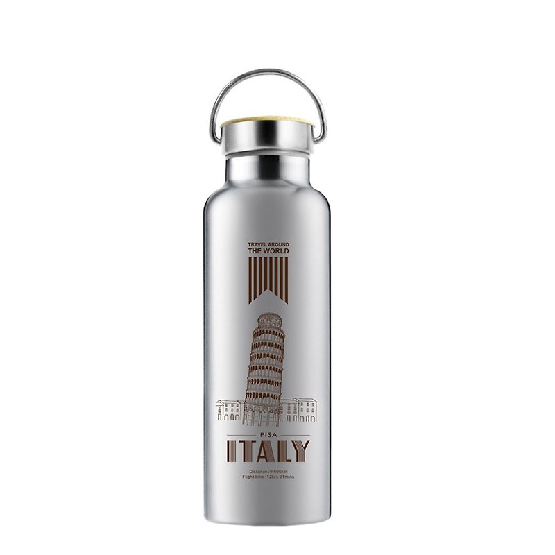 Travel around the world series - bamboo cover vacuum sports water bottle series PLUS (Italy) - กระบอกน้ำร้อน - โลหะ สีเงิน