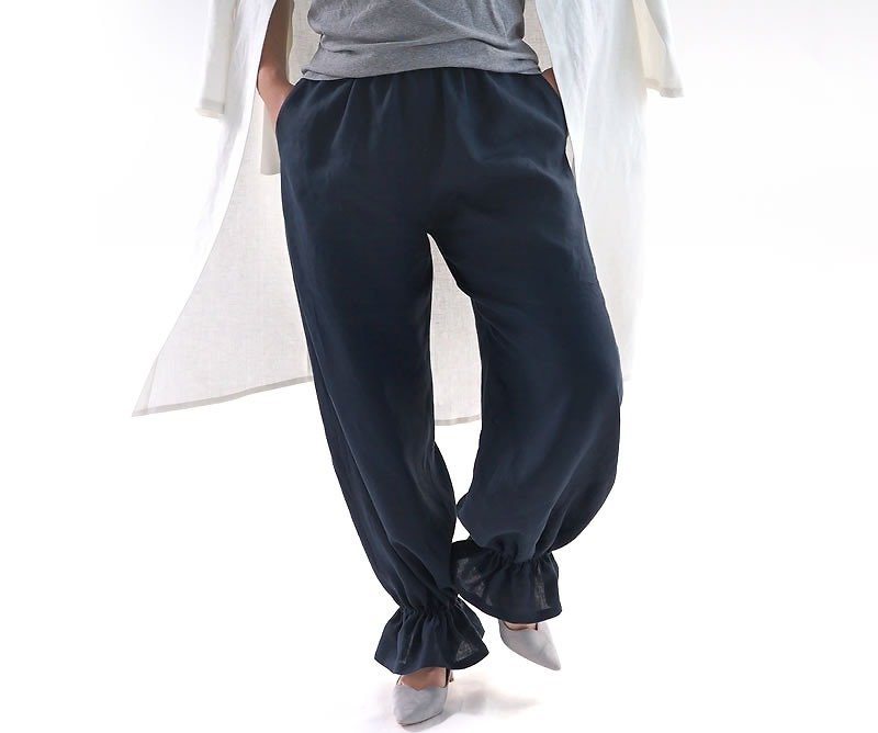 linen / linen pants / elastic waist / bottoms / unique hem / neivy / bo6-21 - Women's Pants - Cotton & Hemp Blue
