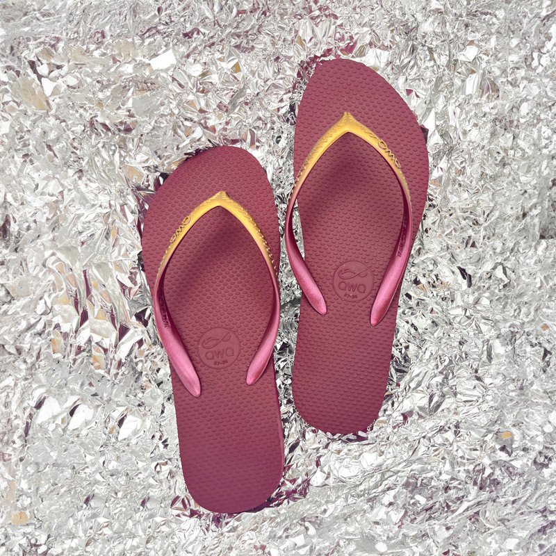 Glint gradient gold and wine red anti-breakage reinforced shoelaces women's flip-flops slippers MIT QWQ - รองเท้าแตะ - ยาง สีแดง