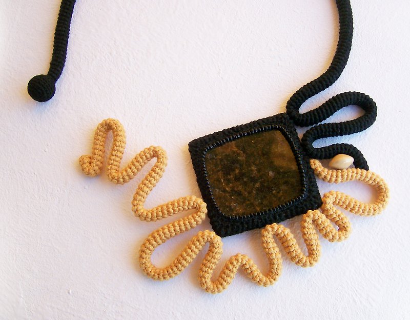 Crochet Necklace Square Granite Stone Mustard Yellow Black Abstract Sunflower - Necklaces - Thread Yellow