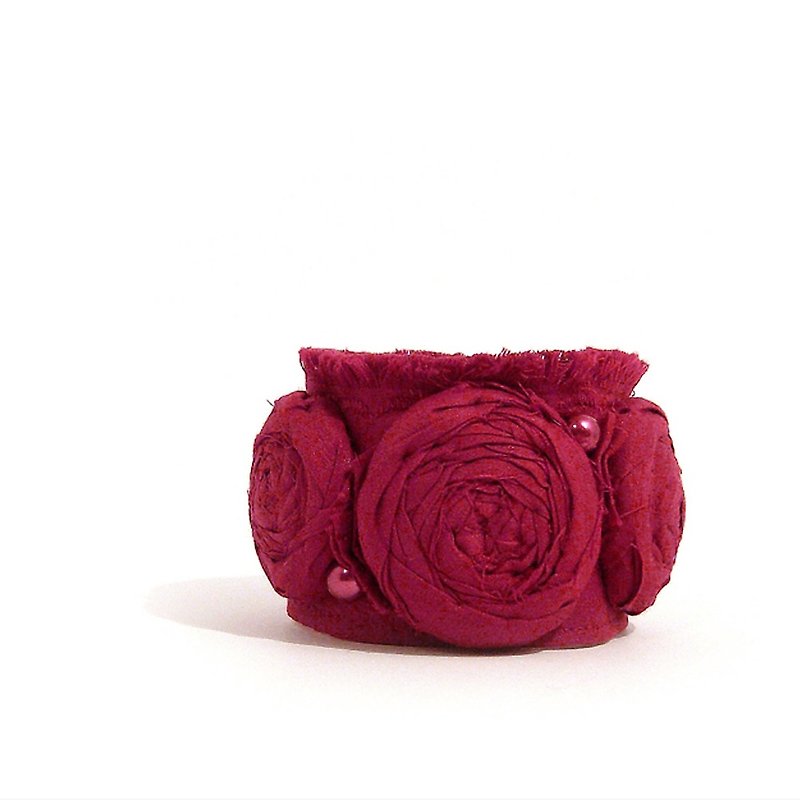 Deep Red Rosettes Wrist Cuff Fabric Bracelet - 手鍊/手鐲 - 絲．絹 紅色