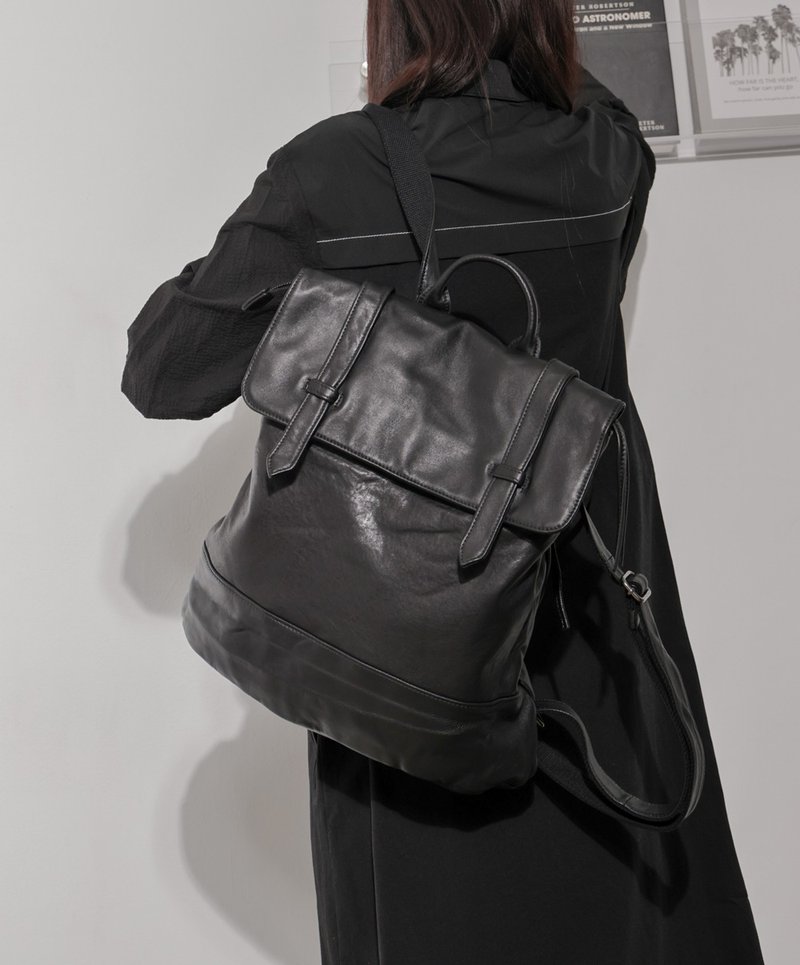 supportingrole simple style urban versatile design genuine leather large backpack black back - กระเป๋าเป้สะพายหลัง - หนังแท้ สีดำ