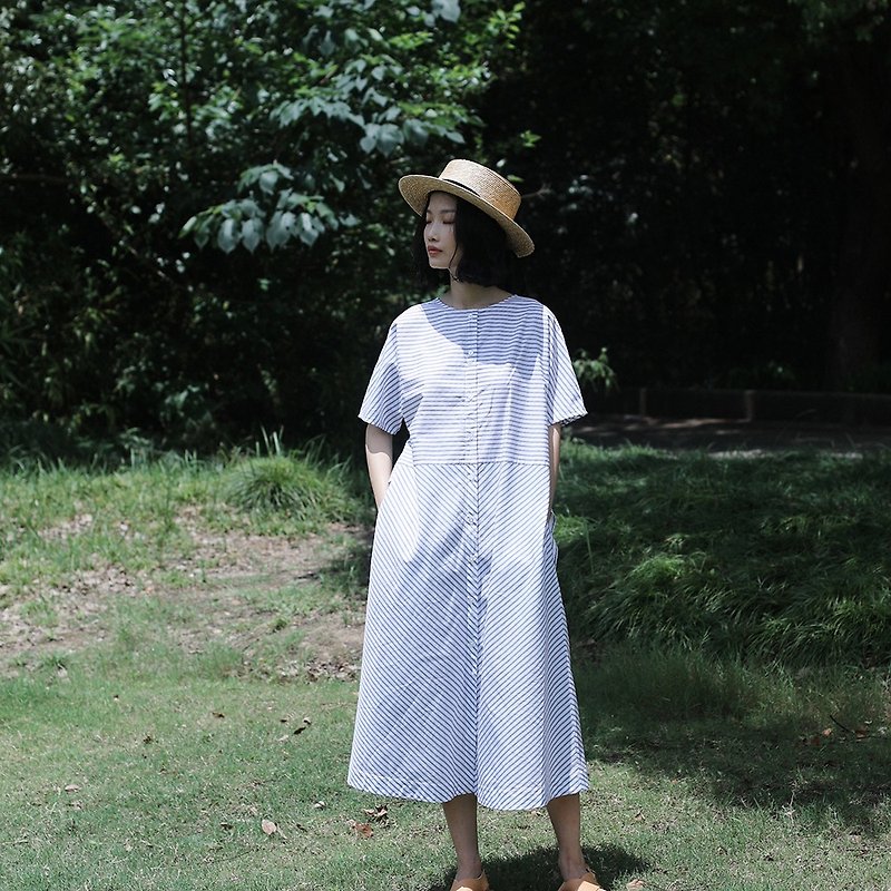 KOOW Japanese cotton striped dress can be worn on the front and back with a wide strap and round neck one piece - One Piece Dresses - Cotton & Hemp 