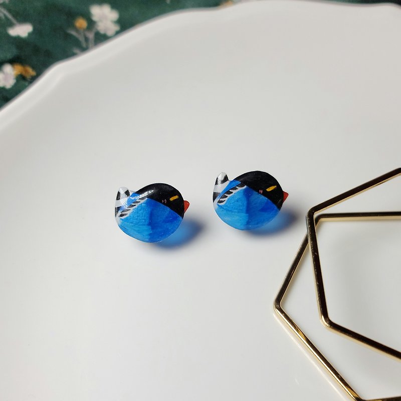 台灣藍鵲 台灣特有種 可愛表情 手繪熱縮片 耳環 - 耳環/耳夾 - 不鏽鋼 藍色