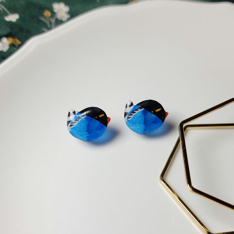 Formosan Magpie, Taiwan Endemic Species Handmade Hand Painted Earrings - ต่างหู - สแตนเลส สีน้ำเงิน