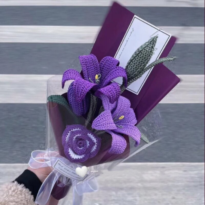 Handmade Crocheted Purple Lily & Rose Bouquet - Hypoallergenic Option - Dried Flowers & Bouquets - Cotton & Hemp Purple