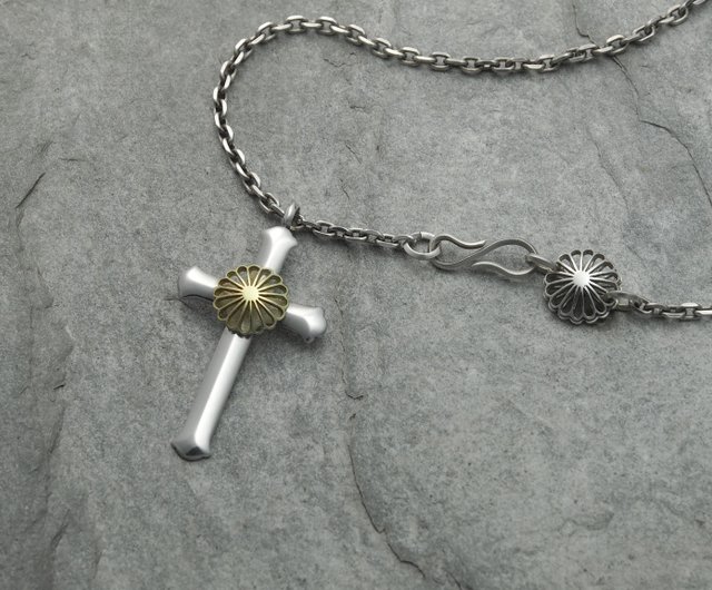 925 silver Jūmonji Cross Pendant with 18k Kiku