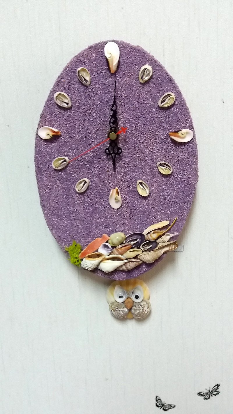 Hand made shell clock - purple / owl swing - Clocks - Wood Purple