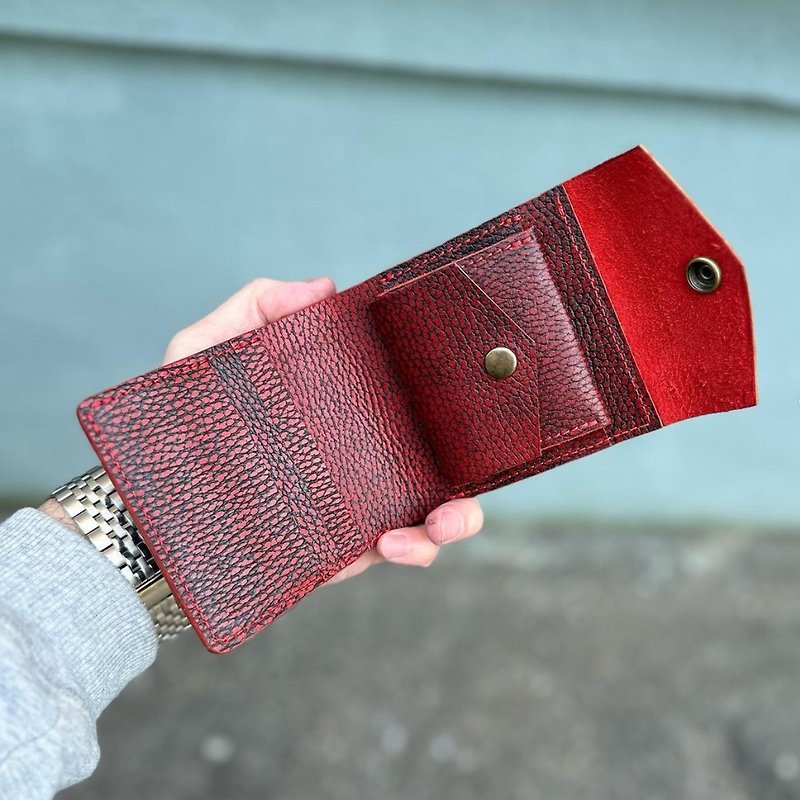 leather wallet men bifold handmade, leather minimalist wallet - 銀包 - 真皮 紅色