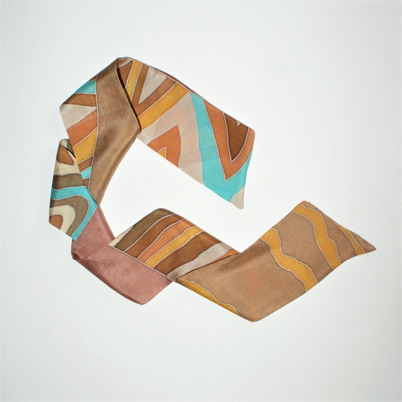Wrist scarves Small silk scarf for neck Hand painted silk scarf Brown scarf - 絲巾 - 絲．絹 咖啡色