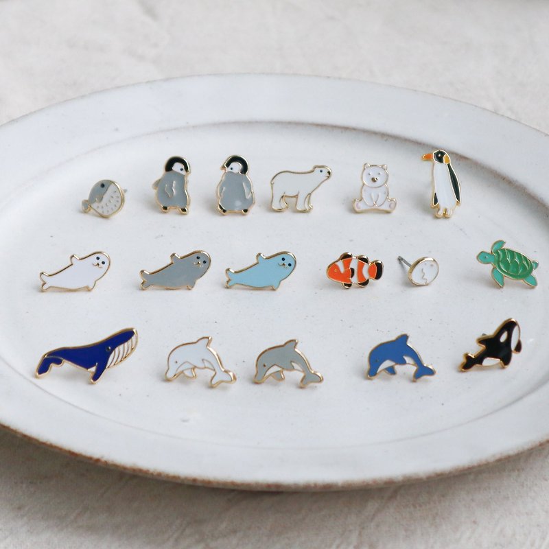 ocean, whale, dolphin, sea turtle, penguin earrings and clip-ons, set of six - Earrings & Clip-ons - Enamel Multicolor
