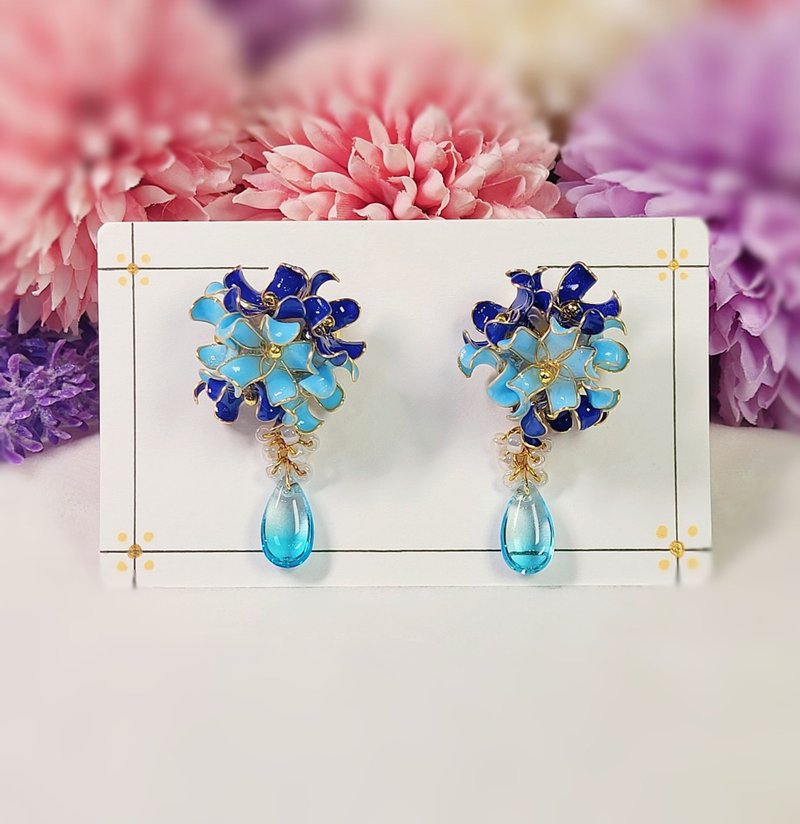 Blue gradient flower ball ice transparent glass earrings/ Clip-On - ต่างหู - เรซิน สีน้ำเงิน