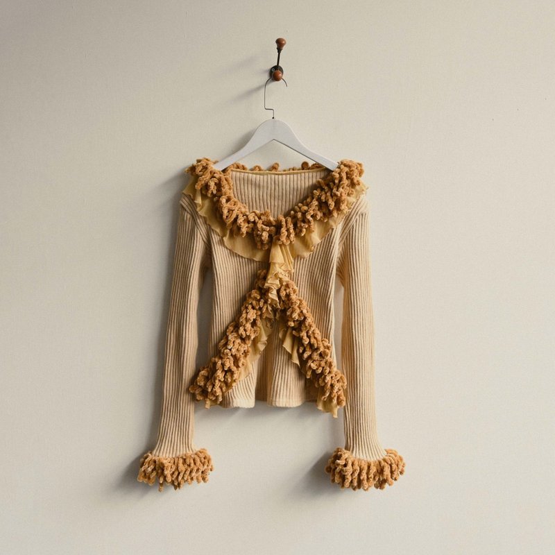 【NaSuBi Vintage】Ribbed Knit Cardigan with Plush Ribbon Detail - Women's Sweaters - Other Man-Made Fibers 