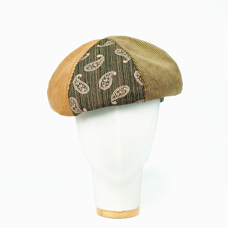小牛村 手工貝雷帽 貝蕾帽 古著 燈芯絨 圖騰【苔綠變形蟲】B-115 - 帽子 - 棉．麻 綠色