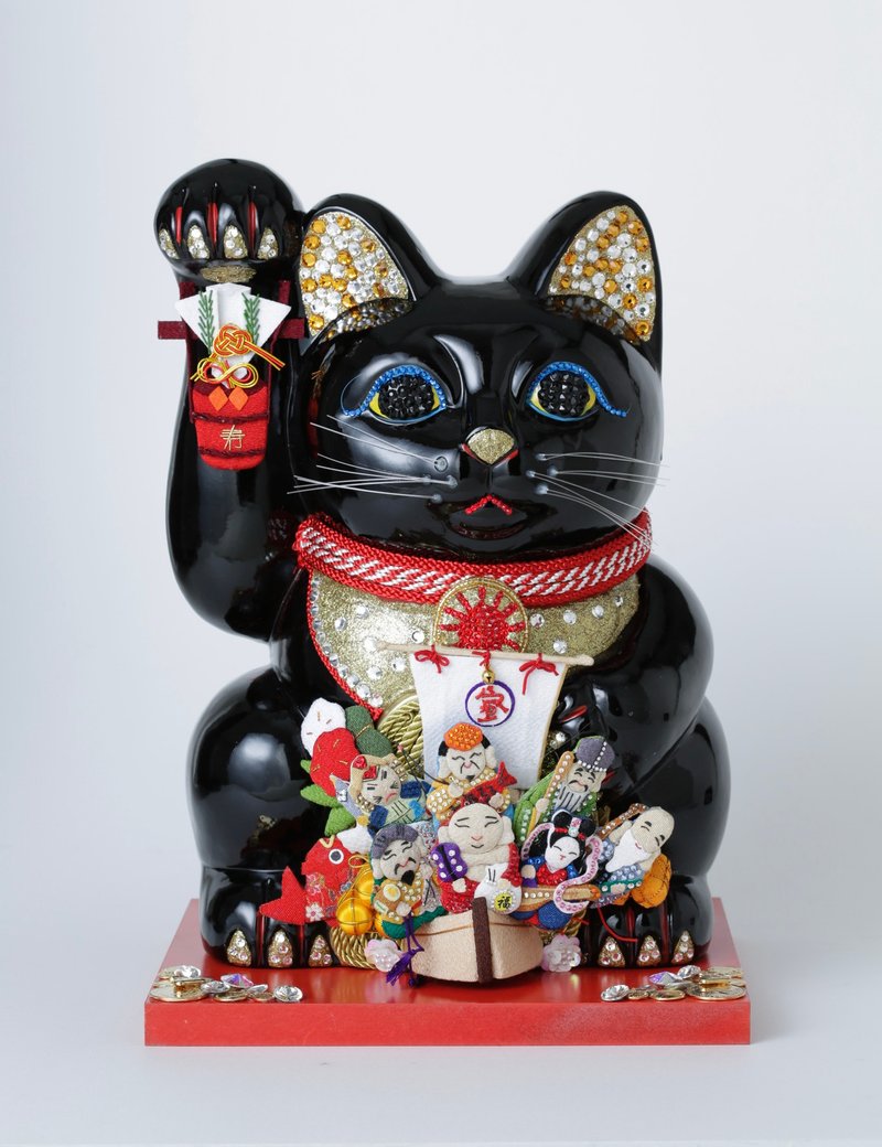 The Seven Lucky Gods of Good Luck Black Maneki Neko - ของวางตกแต่ง - ดินเผา สีดำ