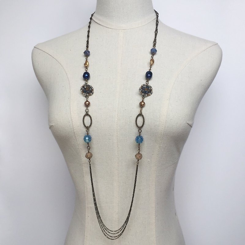 Blue gold bronze chain long necklace - Necklaces - Other Materials 