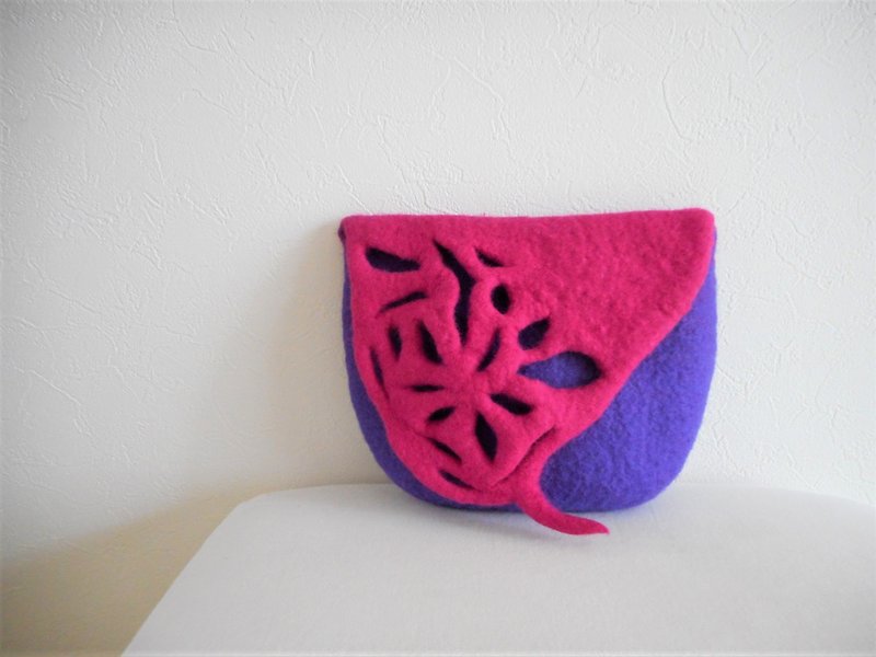 透かしデザイン羊毛ポーチ ピンク×紫 - 化妝袋/收納袋 - 羊毛 粉紅色