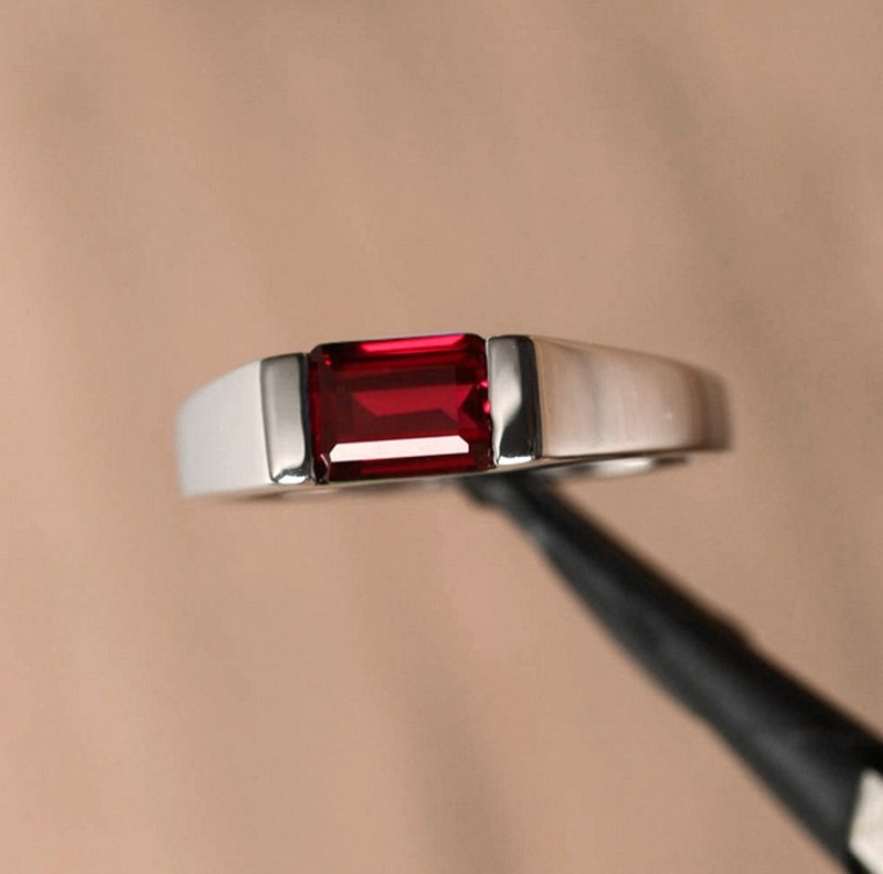 8 x 6 mm. Natural ruby ring silver sterling size 7.0 free resize / Square - 戒指 - 純銀 紅色