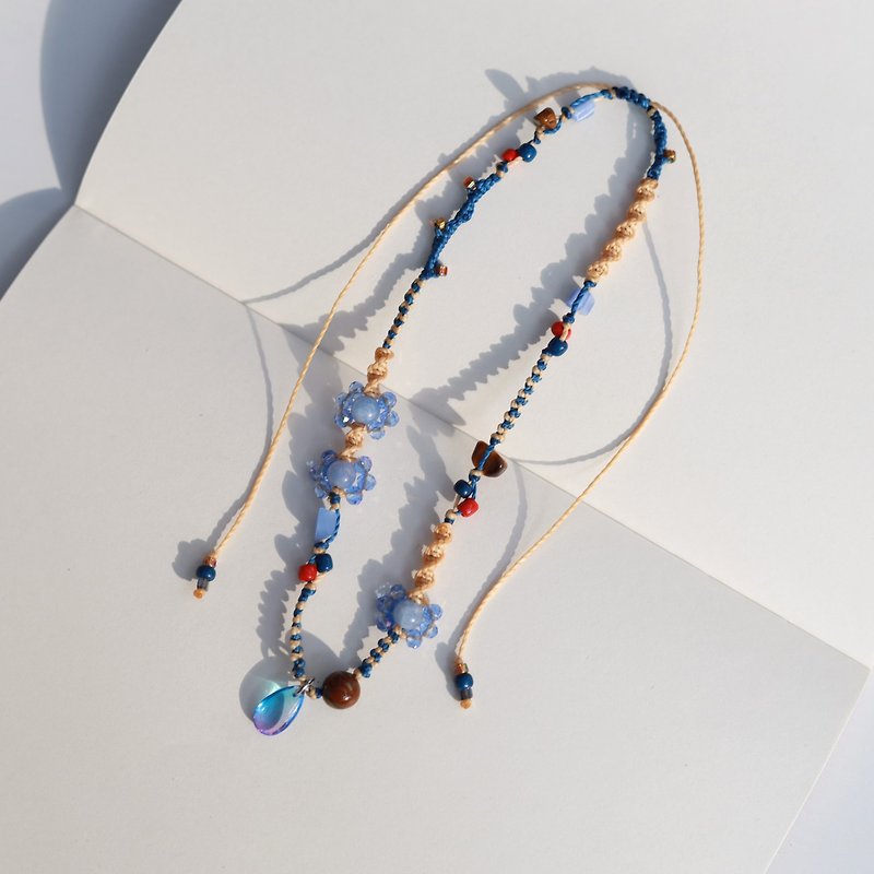 Water drop and flower blue beige woven waxed cord choker necklace - 項鍊 - 繡線 藍色