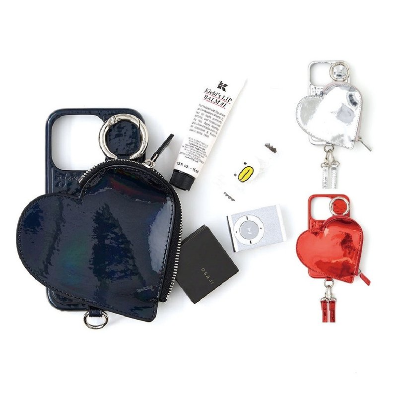 【預購商品】ajew glow 閃耀愛心造型拉鍊口袋手機殼(含背帶) - 手機殼/手機套 - 人造皮革 紅色