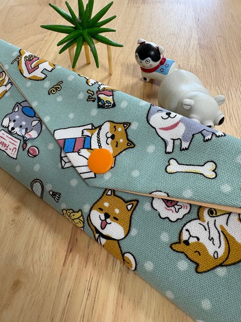 文青風環保純棉筷袋 柴犬愛逛街 內超Q防水層 質感湖水綠 天空藍 - 居家收納/收納盒/儲物盒 - 棉．麻 綠色