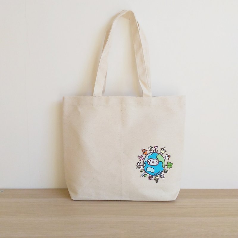 Earth canvas bag (Small earth) - กระเป๋าแมสเซนเจอร์ - ผ้าฝ้าย/ผ้าลินิน ขาว