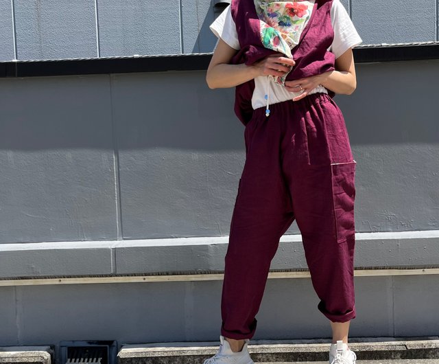 新品同様　motomi.mリネン100%パンツ　チャコールグレー 春名亜美さんコラボ ]選べる2丈リネンライクタックパンツ [M4154