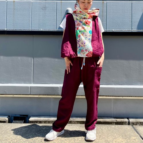 新品同様　motomi.mリネン100%パンツ　チャコールグレー 春名亜美さんコラボ ]選べる3丈リネンライクタックパンツ