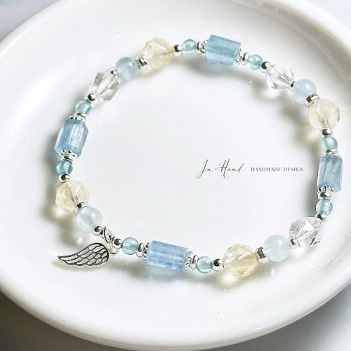 In Hand Jewelry Design 藍空晨曦之詩-原礦海水藍寶.黃水晶.磷灰石.-純銀設計手鍊