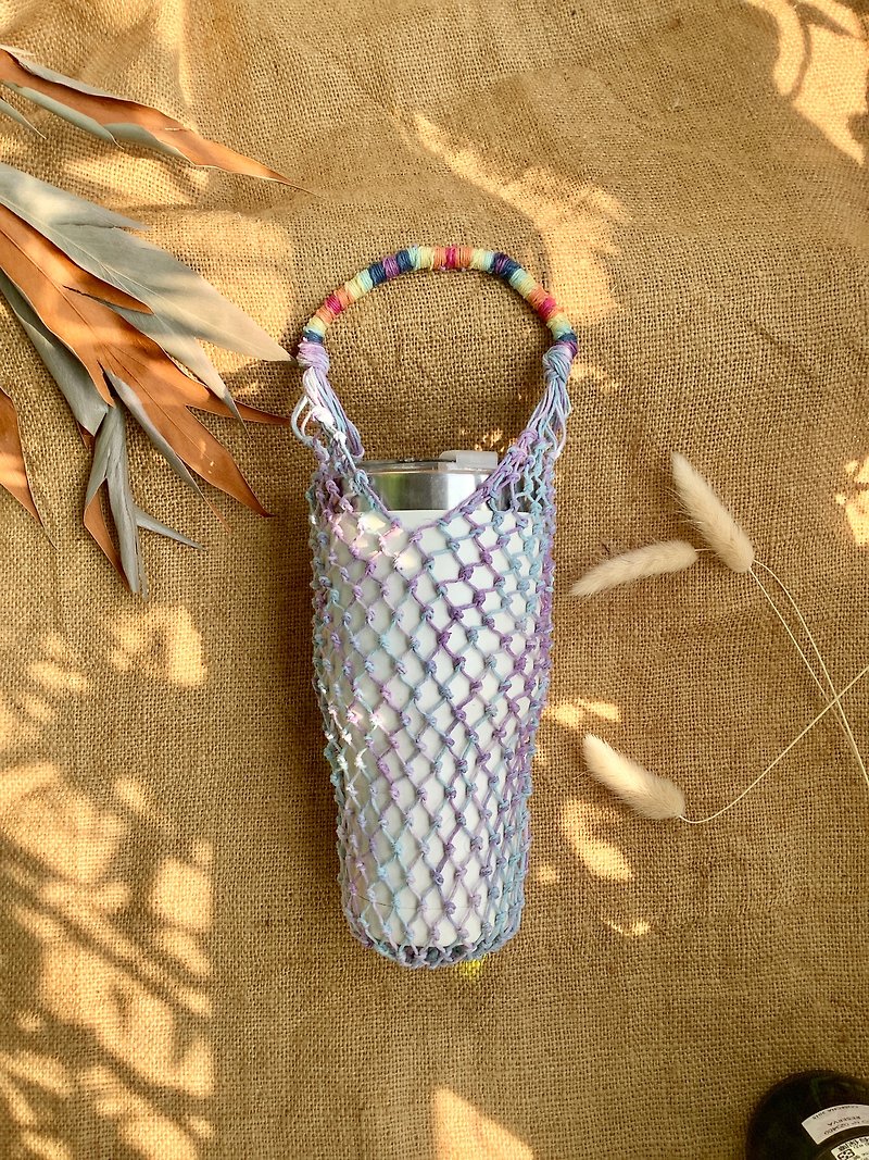 U.S. Hand Woven Recycle Bag-Pink Purple Gradient System-Thermos/Beverage/Wine Bag/Iceba Cup - Beverage Holders & Bags - Cotton & Hemp Transparent