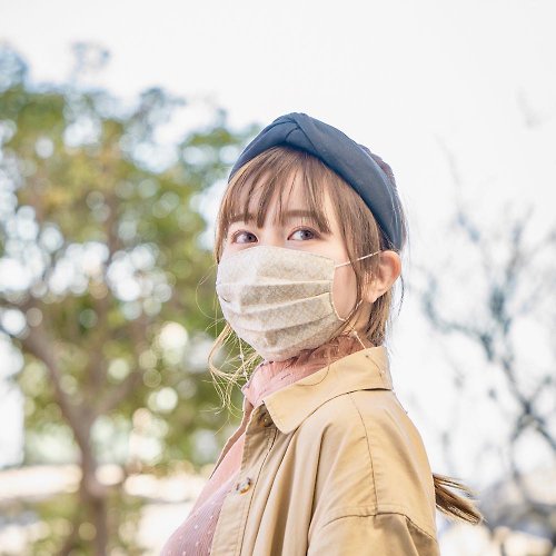 Temariya 日本製布口罩專門店 錦緞圖案 米色 手工立體口罩 可洗滌 日本製純棉二重紗布 成人