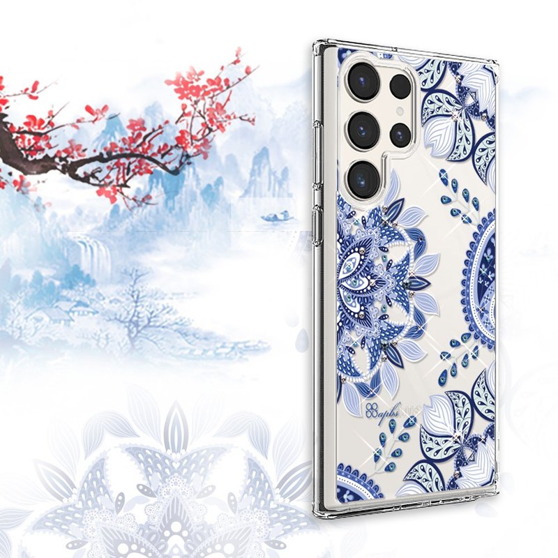 Samsung S25/S24/S23/S22 薄型軽量軍事規格落下防止クリスタルカラーダイヤモンド携帯電話ケース - 青と白の磁器 - スマホケース・カバー - その他の素材 多色