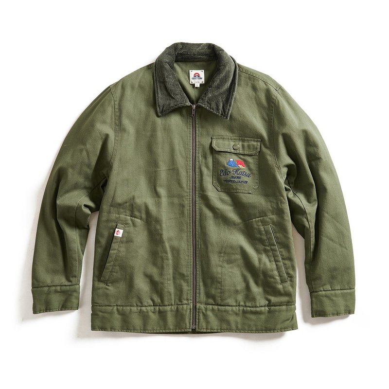 江戶勝 日系 男裝 燈芯絨拼接領鋪棉工作外套(墨綠色) #上衣#外套 - 男夾克/外套 - 棉．麻 綠色
