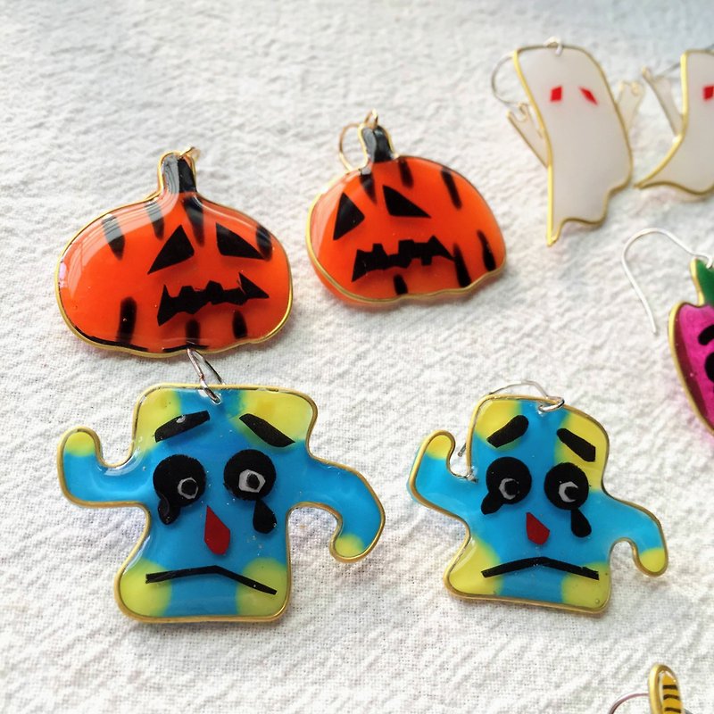 Japanese ghost earring, halloween earring, Kawaii Obake, Lantern Yokai, - ต่างหู - กระดาษ สีน้ำเงิน